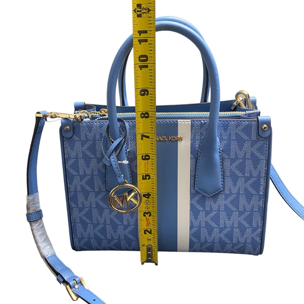 New MICHAEL KORS CENTER STRIPE MAPLE SM SATCHEL BRT BLUE WHITE CROSSBODY BAG - Picture 6 of 14